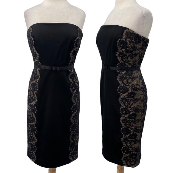 Vintage 90s Tadashi Strapless Mini Sheath Dress Lace Side Panels Satin Black 10 - Picture 1 of 9